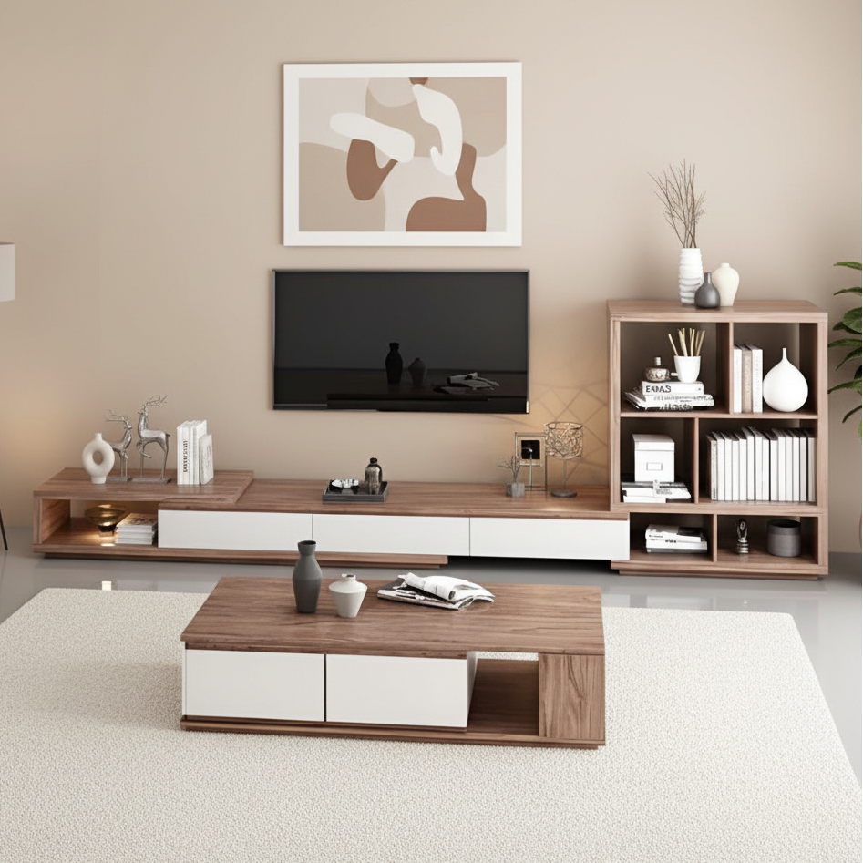 Living Room Set Wooden & White - 300 x 40 x 40 cm - TVCT26