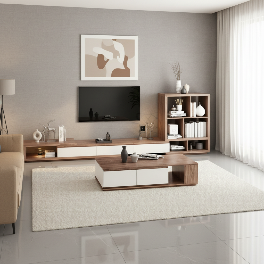 Living Room Set Wooden & White - 300 x 40 x 40 cm - TVCT26