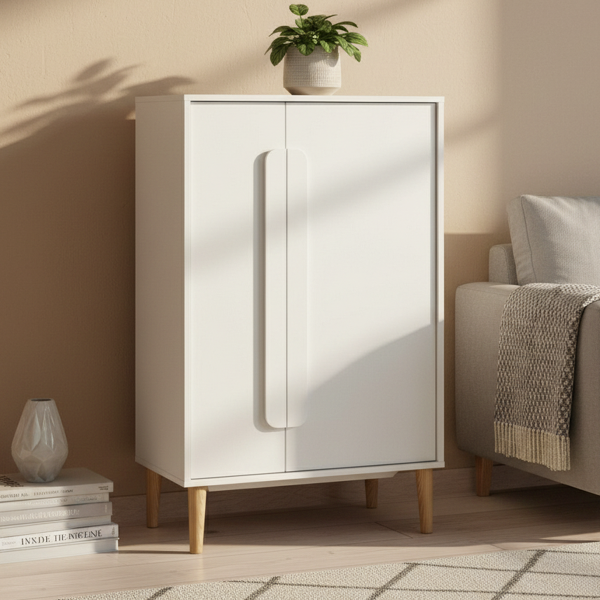 A modern white two-door cabinet with tapered light wood legs and a slim vertical handle, photographed against a clean white background.