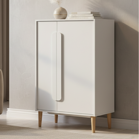 A modern white two-door cabinet with tapered light wood legs and a slim vertical handle, photographed against a clean white background.