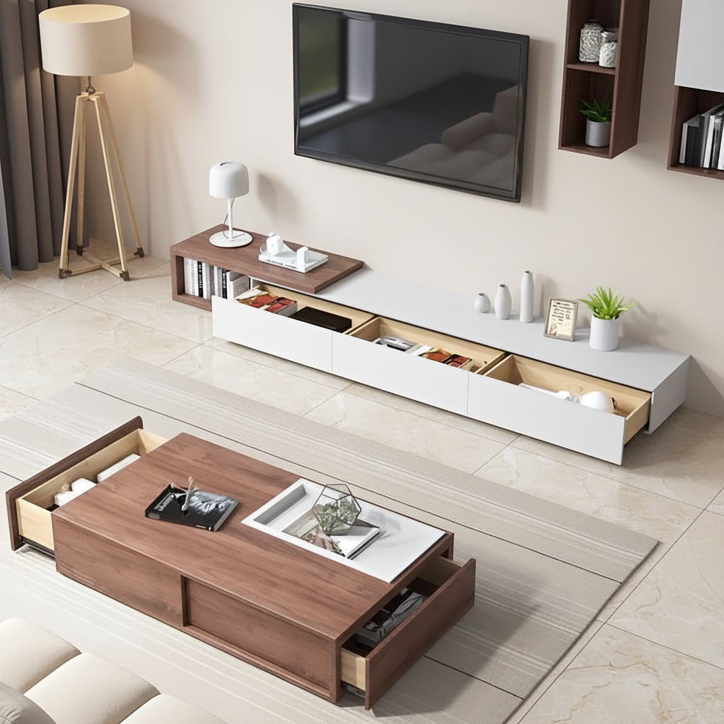 Living Room Set White & Wooden - 240 x 40 x 40 cm - TVCT27
