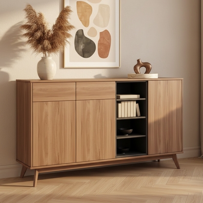 A mid-century modern wooden sideboard cabinet with a light oak finish, featuring two drawers, two cabinet doors, an open center shelf, and tapered legs, styled in a warm beige room.