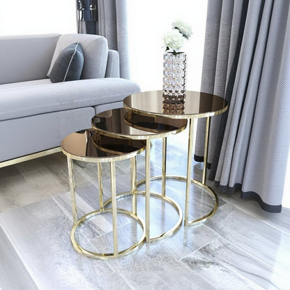 stanless steel and glass nesting and side table gold 3 pieces - CC16