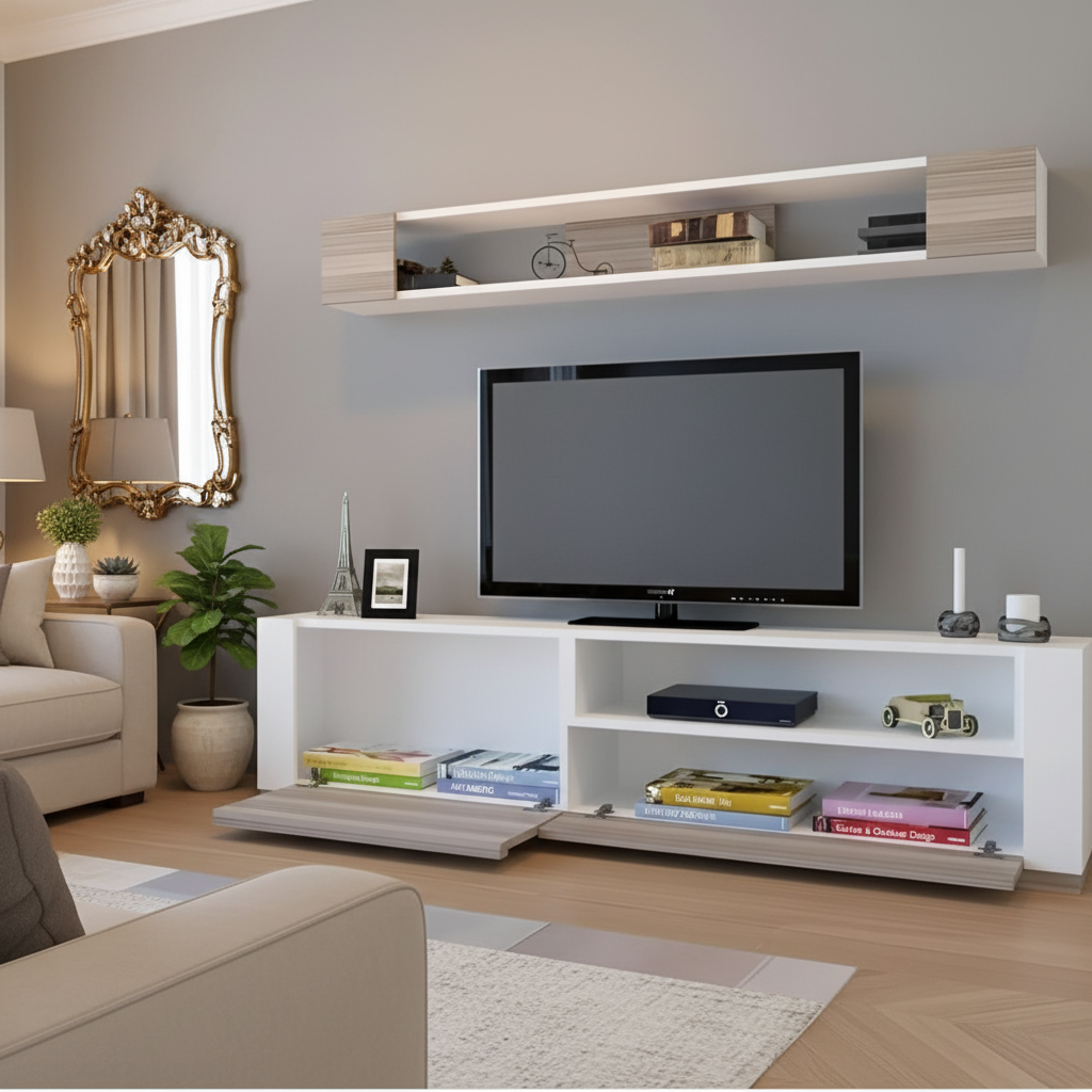 Tv Unit White & Wooden - 160 x 40 x 40 cm - TVUO12