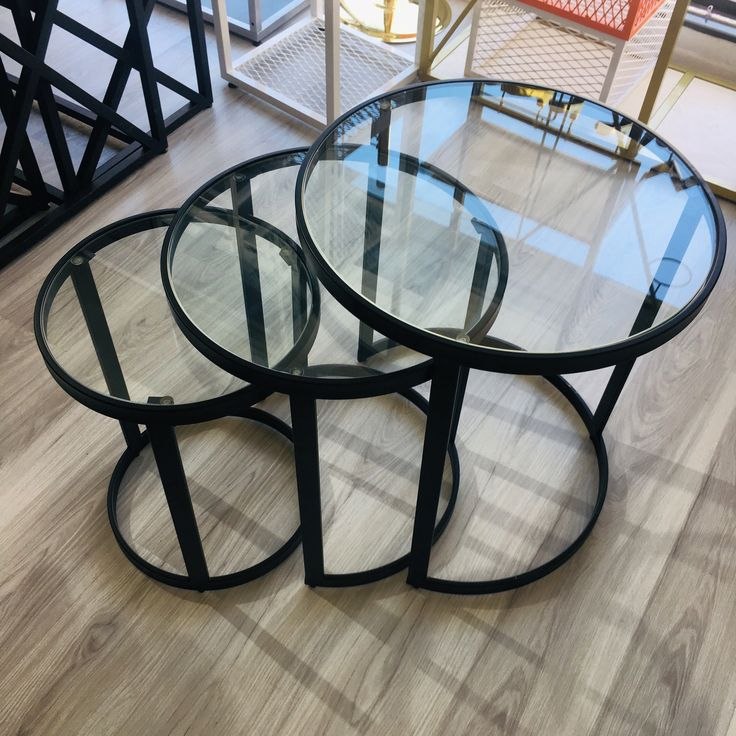 steel and glass center, side and nesting table black 3 pieces - CC22