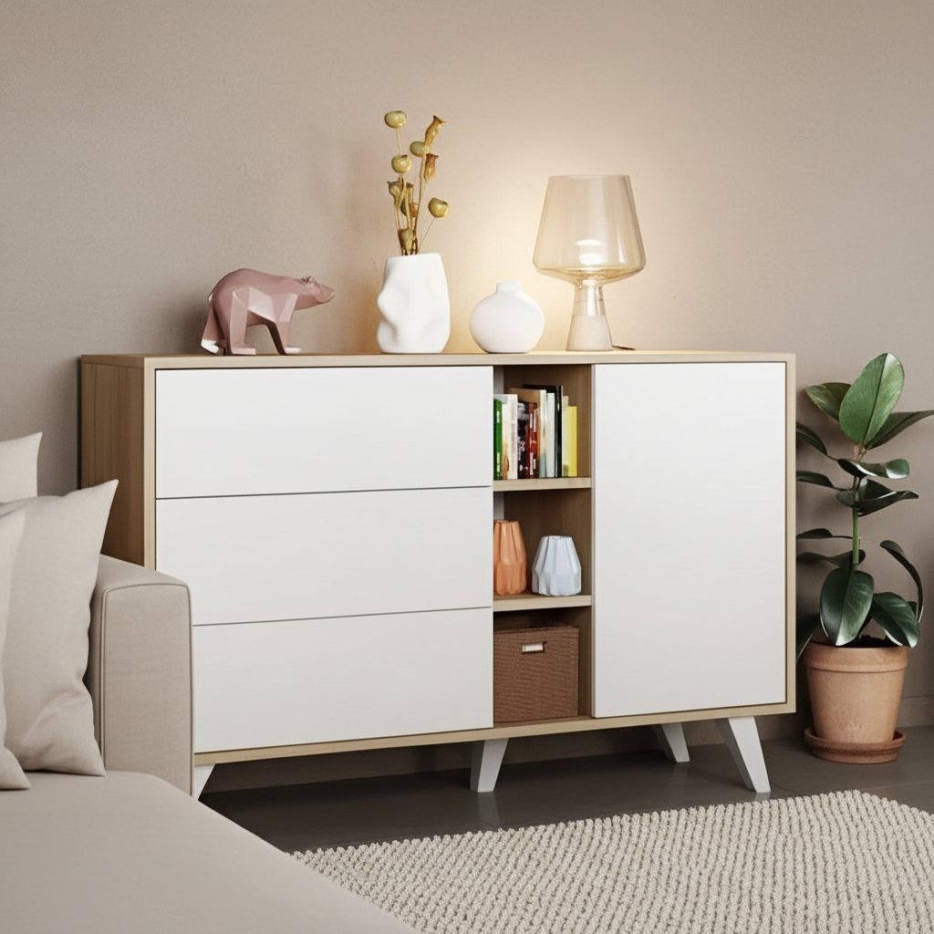 Modern sideboard with decorative items against a gray wall