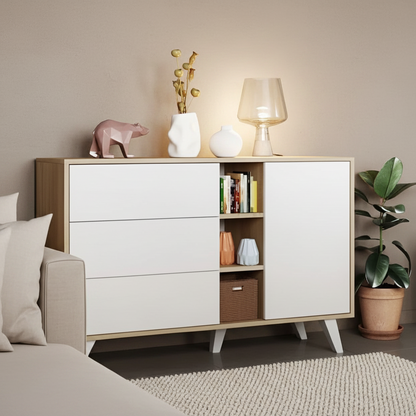 Modern sideboard with decorative items against a gray wall