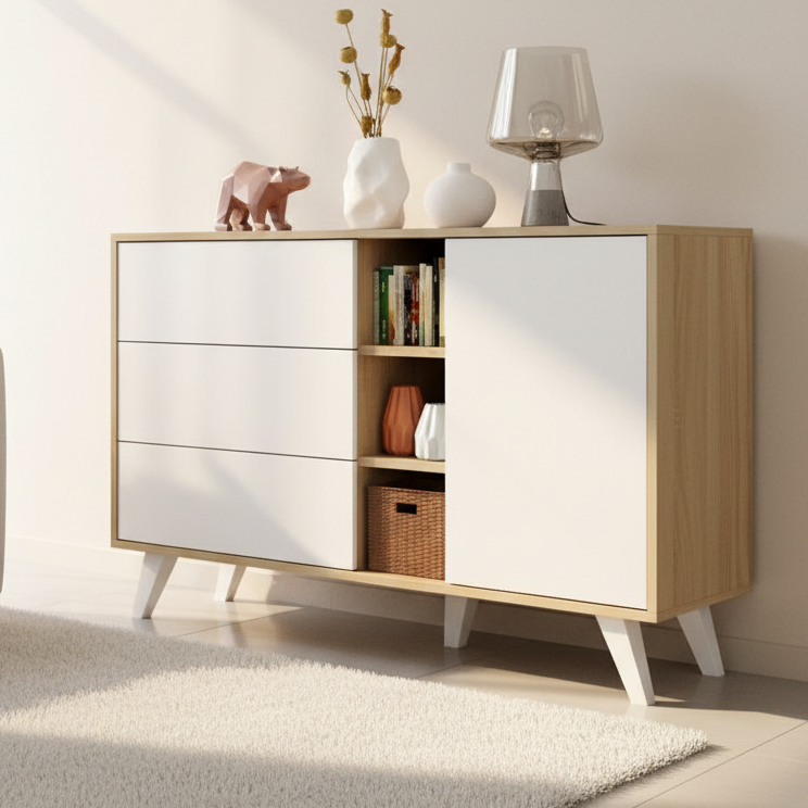 A mid-century modern sideboard cabinet with a light wood frame, white doors, and tapered white legs, styled in a bright room with decorative items on top.