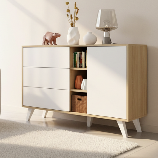 A mid-century modern sideboard cabinet with a light wood frame, white doors, and tapered white legs, styled in a bright room with decorative items on top.