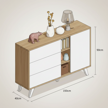 A mid-century modern sideboard cabinet with a light wood finish, white drawer fronts, and open shelving, shown with dimension labels indicating 150cm length, 90cm height, and 40cm width, on a plain light beige background.