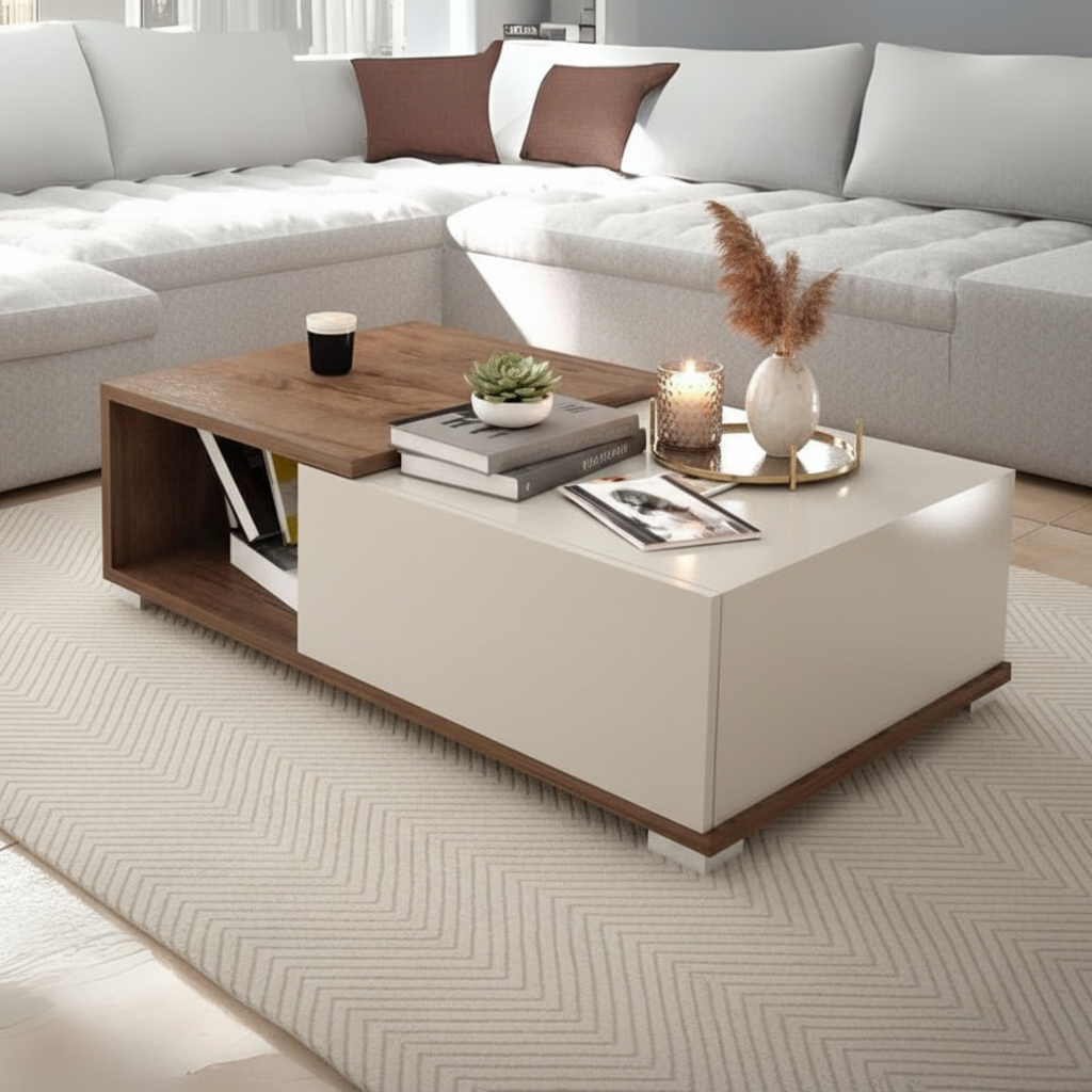 Modern coffee table with a wooden top and white base in a living room setting.