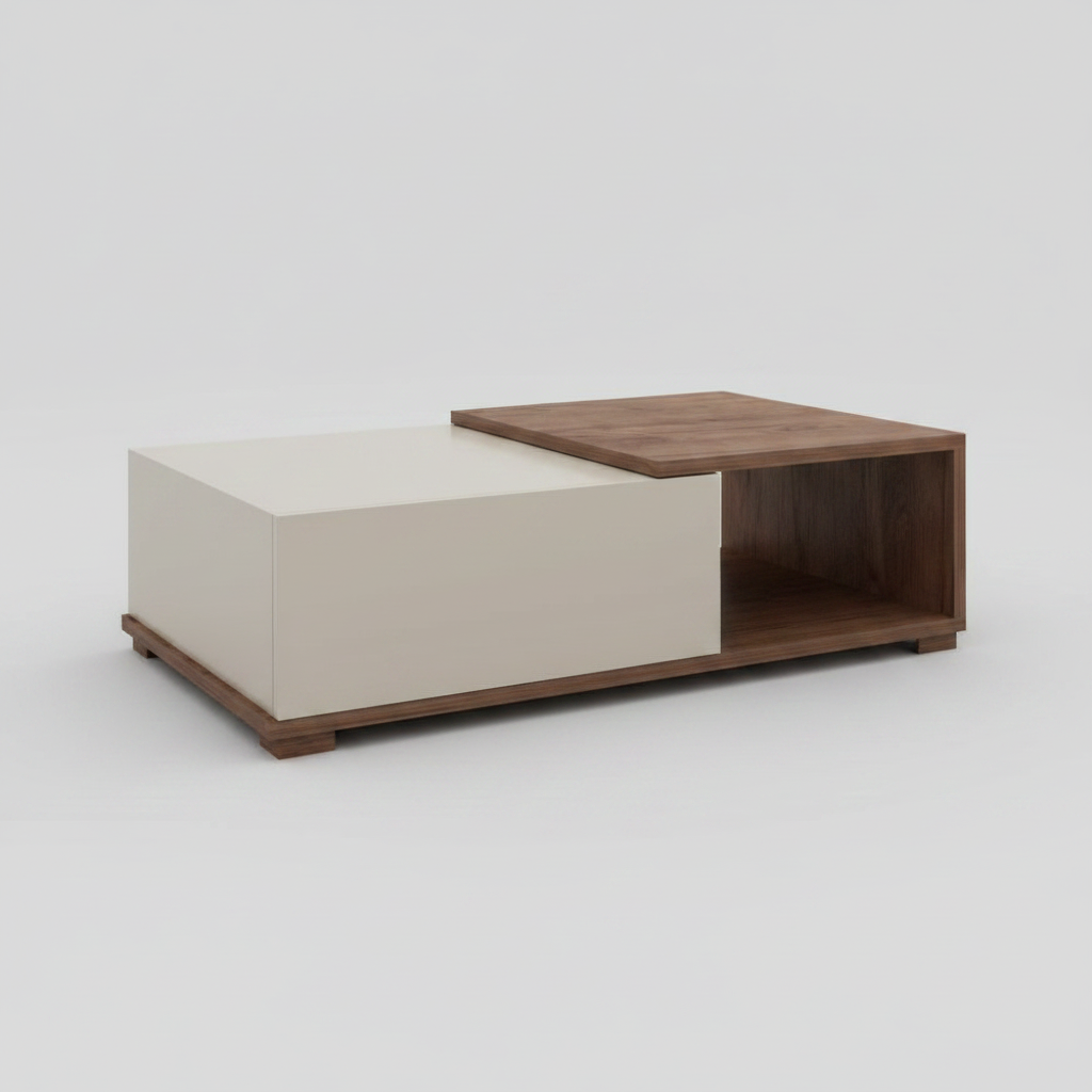 Modern coffee table with a wooden top and white base in a living room setting.