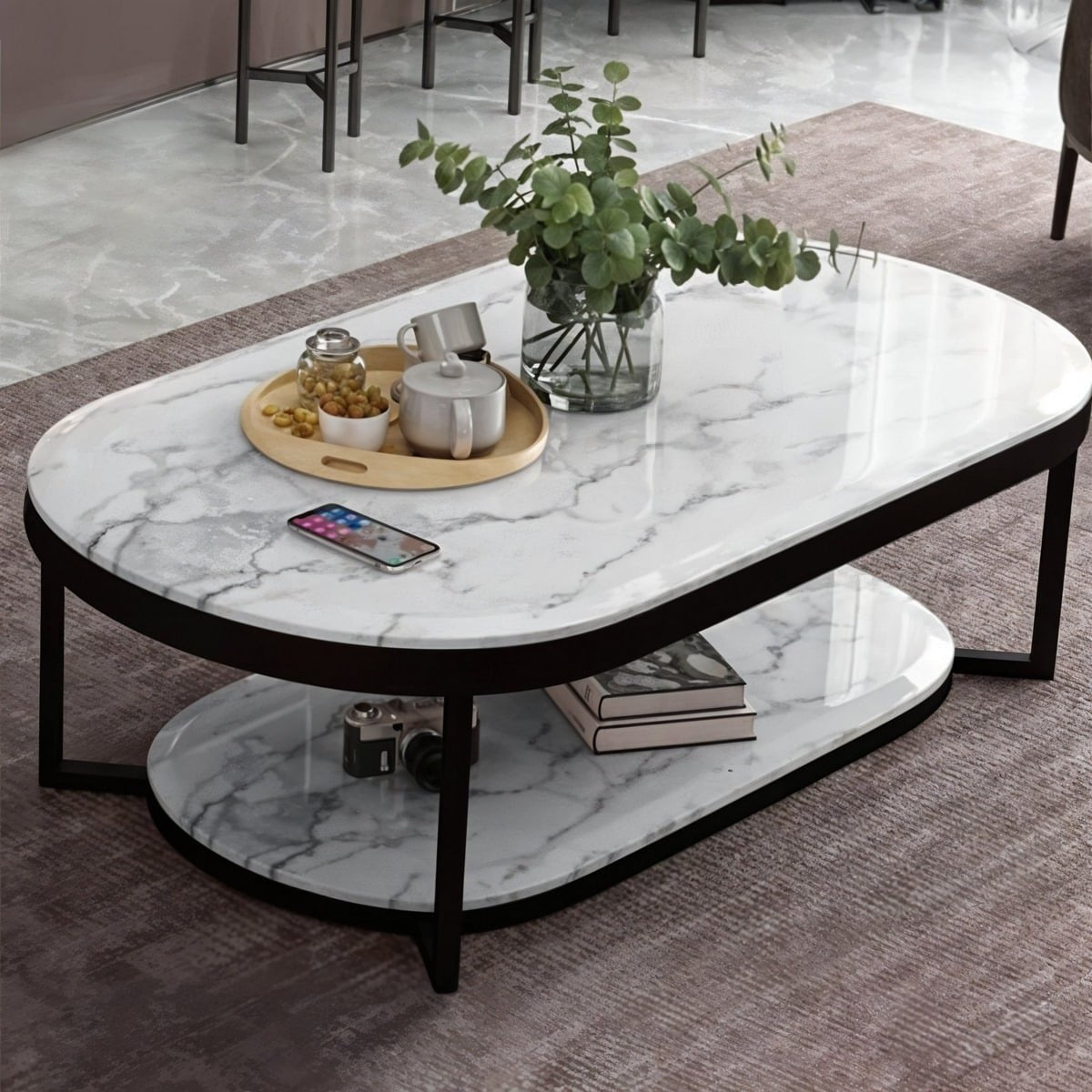 Steel and marble center coffee table 100×50×45