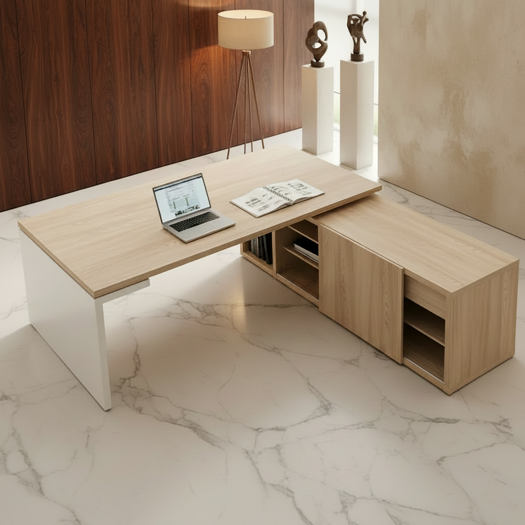 Modern office setup with a L-shaped desk, chair, and laptop.