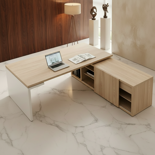 Modern office setup with a L-shaped desk, chair, and laptop.