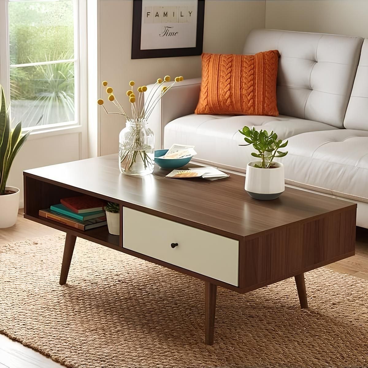 A mid-century modern wooden coffee table with a dark brown finish, a white drawer front, and tapered legs, styled in a bright living room next to a white sofa.