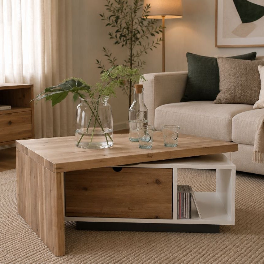 Living room with wooden coffee table, beige sofa, and decorative elements.