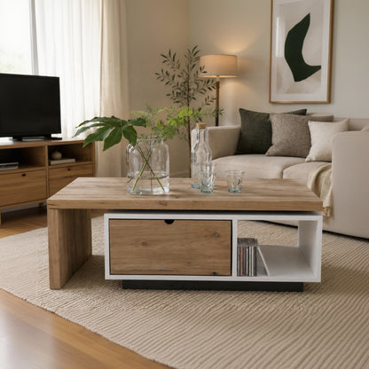 Living room with a wooden coffee table, sofa, and decorative items.