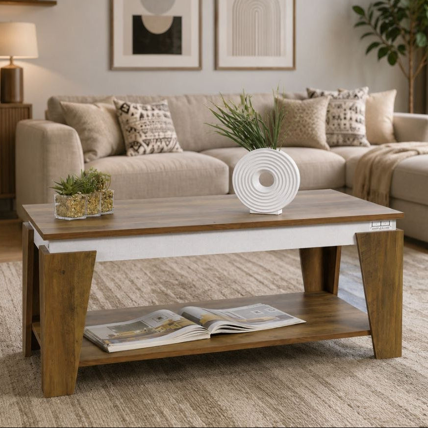 Living room with beige sectional sofa, wooden coffee table, and decorative elements.