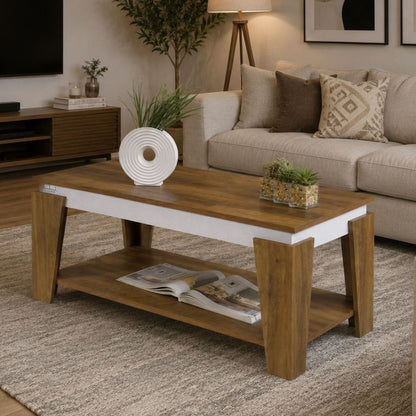 Living room with beige sofa, wooden coffee table, and decorative elements.