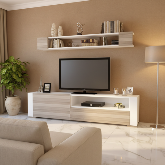 Tv Unit White & Wooden - 160 x 40 x 40 cm - TVUO12