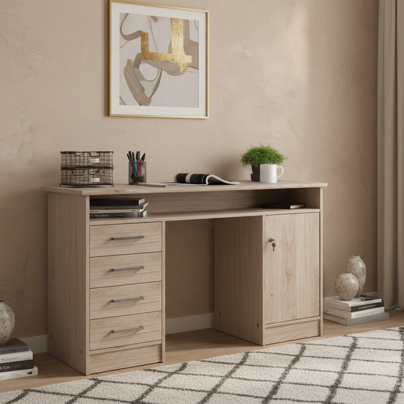 Wooden desk with office items against a gray wall