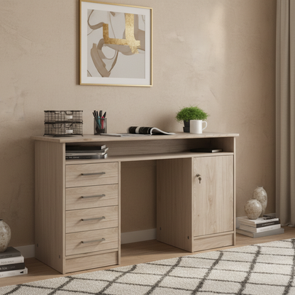 Wooden desk with office items against a gray wall