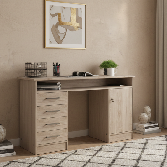 Wooden desk with office items against a gray wall