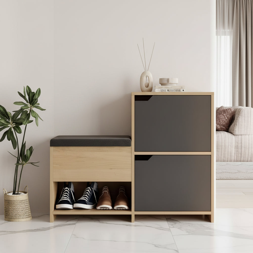 Modern shoe cabinet with storage compartments in a living room setting.