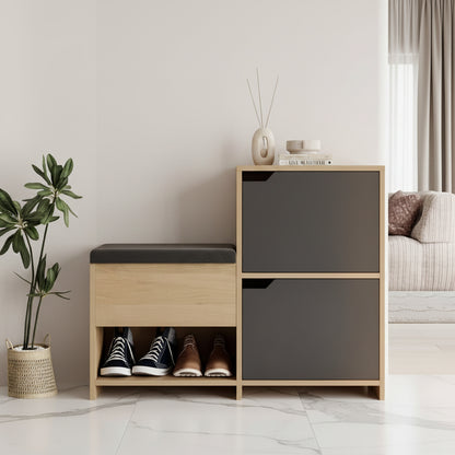 Modern shoe cabinet with storage compartments in a living room setting.