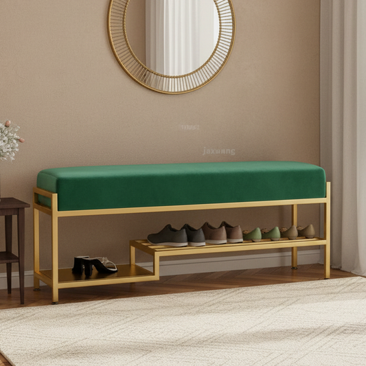 Steel shoe bench gold and green padding with 120x40x50 - SR18