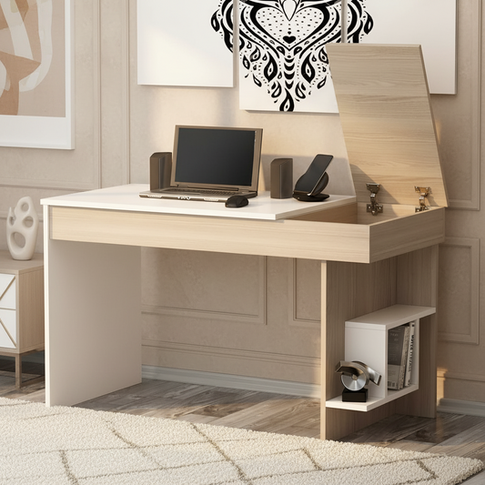 Wooden desk with computer setup in a room with decorative wall art.