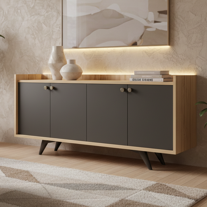 Cabinet with dark gray doors and wooden frame on a white background