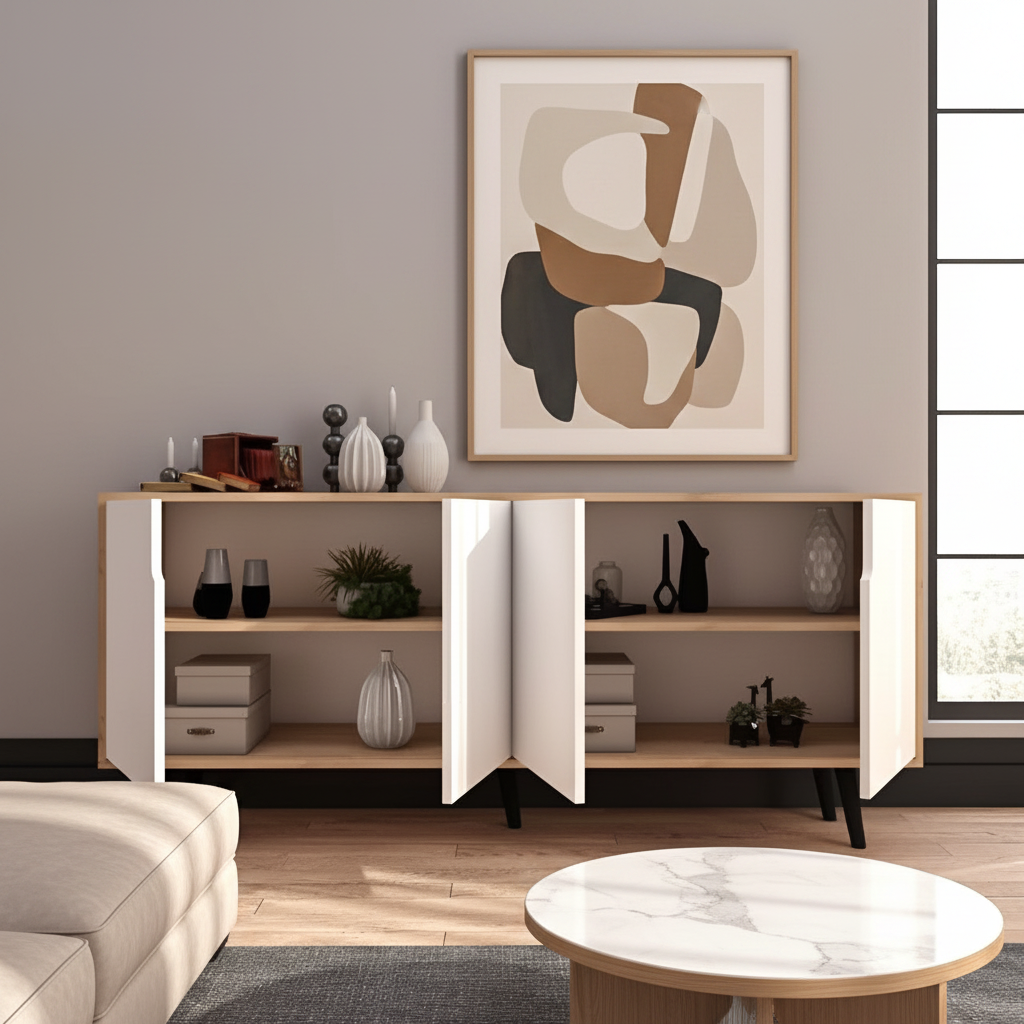 Modern sideboard with open doors displaying decor items in a room with framed pictures on the wall.