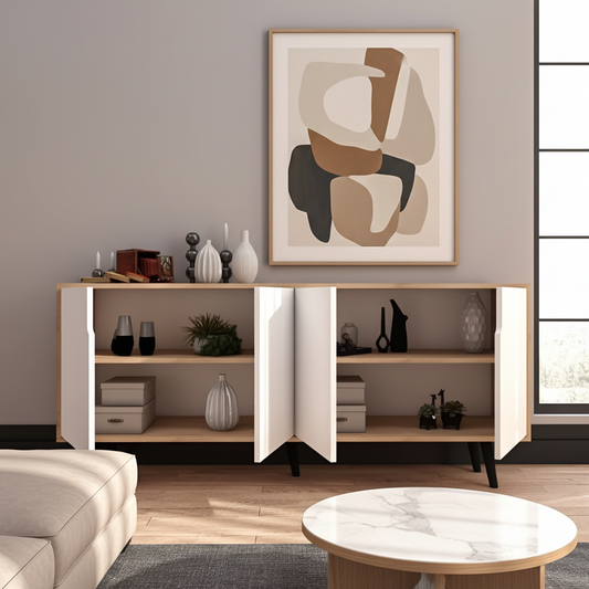 Modern sideboard with open doors displaying decor items in a room with framed pictures on the wall.