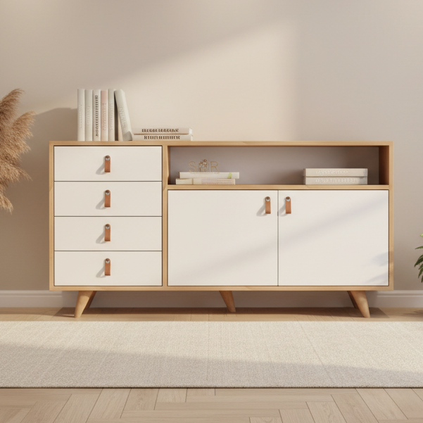 A mid-century modern sideboard cabinet with white doors and drawers, light natural wood trim and legs, and small copper-toned hardware, styled in a minimalist room with a beige wall, wood floor, rug, books, and potted plants.