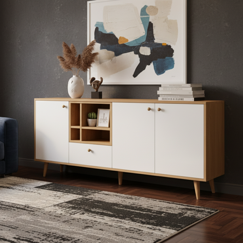 A mid-century modern sideboard cabinet with white doors, a light wood frame, and tapered legs, styled in a bright room with a rug, vase, and books.