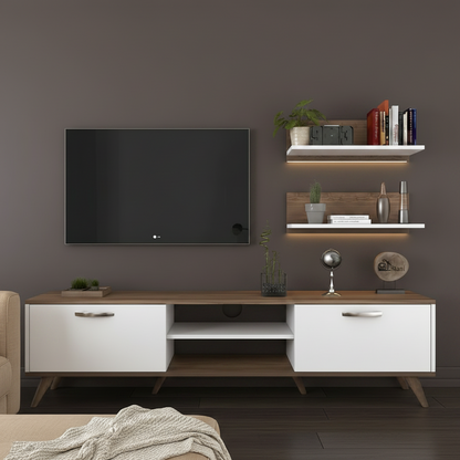 Tv Unit White & Wooden - 160 x 40 x 40 cm - TVUO14