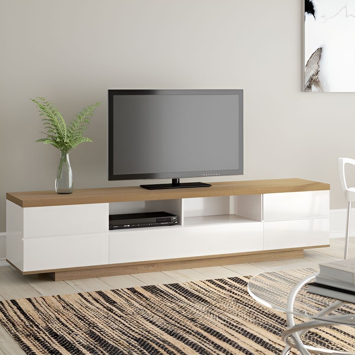 Tv Unit White & Wooden - 200 x 40 x 40 cm - TVUO3