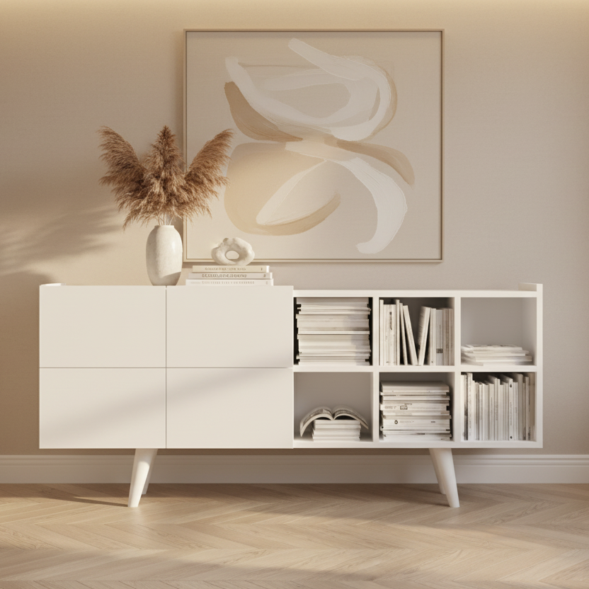 A modern white sideboard cabinet with a minimalist mid-century design, featuring four large square doors on the left and open cubbies on the right filled with books and folded items, set against a seamless light gray background.