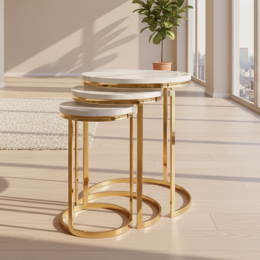 stanless steel nesting side table gold and white 3 pieces - CC8