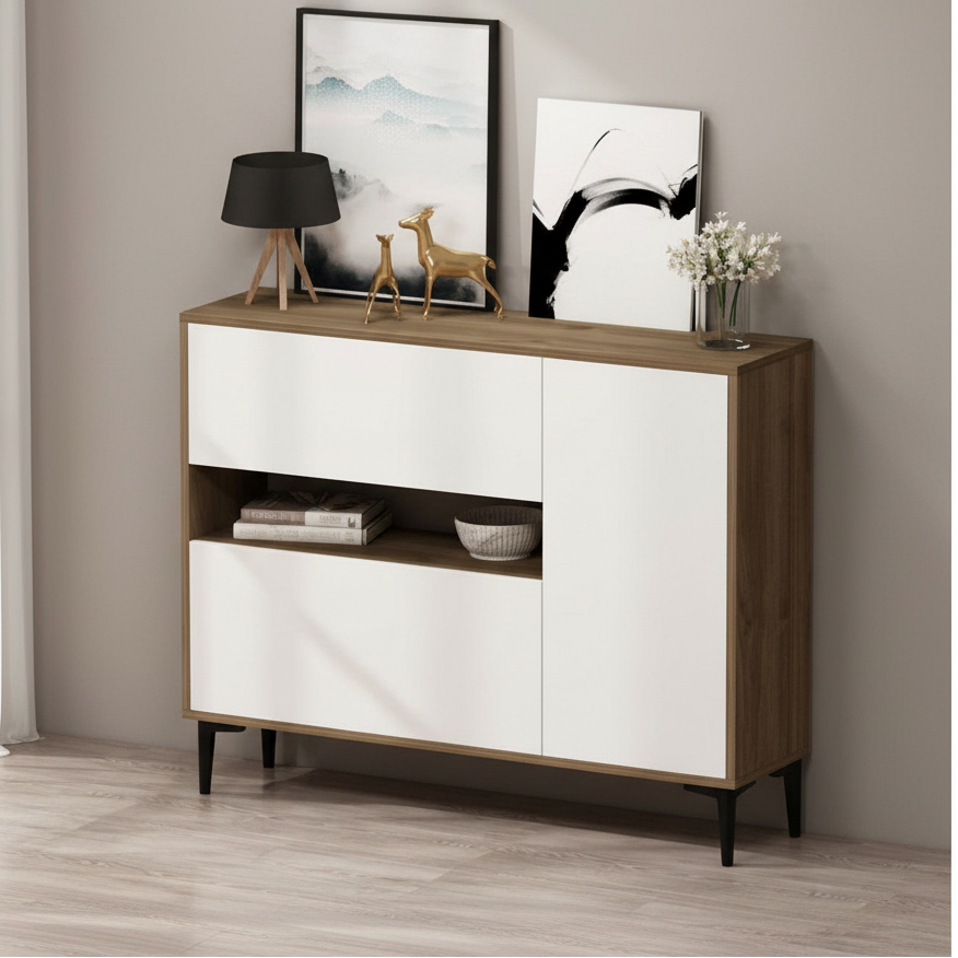 A modern sideboard cabinet with a white front and natural wood grain sides, shown in a styled room setting with decorative items on top.