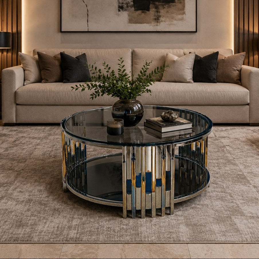 طاولة قهوة وسط زجاج و ستانلس ستيل 75×45 - AA112