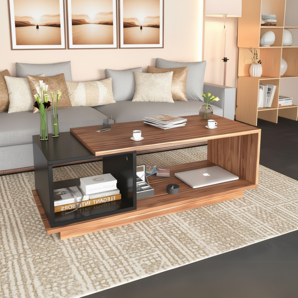 Modern living room with a gray sectional sofa, wooden coffee table, and decorative elements.