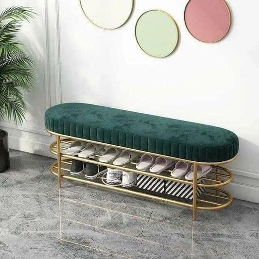 Steel gold shoe bench and green padding with 2 shelves 120x40x50 - SR12
