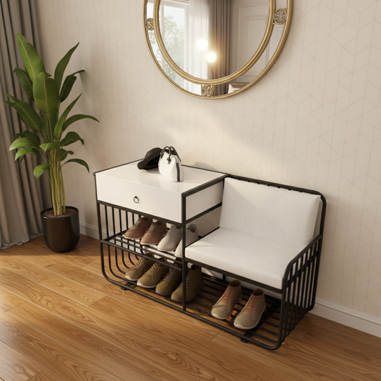 Steel and Mdf shoe bench black and white with 2 shelves 100x50x90 - SR15