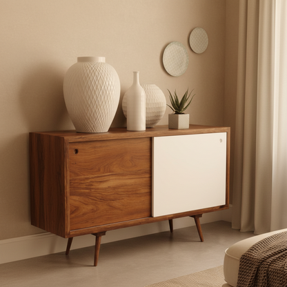 A mid-century modern wooden sideboard cabinet with a split wood and white door design, styled with decorative vases, plates, and a small potted plant against a blue wall.