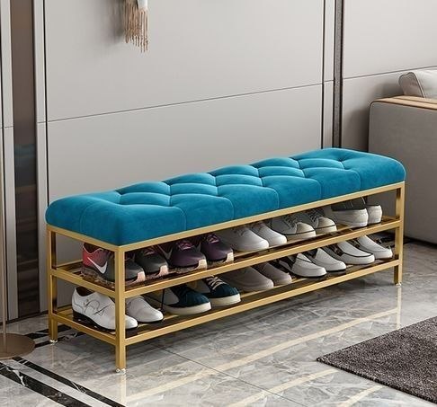 Steel gold shoe bench and blue padding with 2 shelves 120x40x50 - SR5