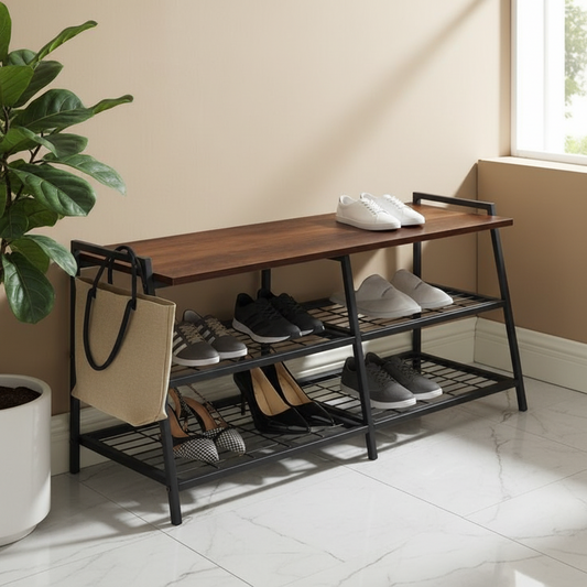 Steel shoe bench and MDF wood with 2 shelves 120x40x50 - SR6
