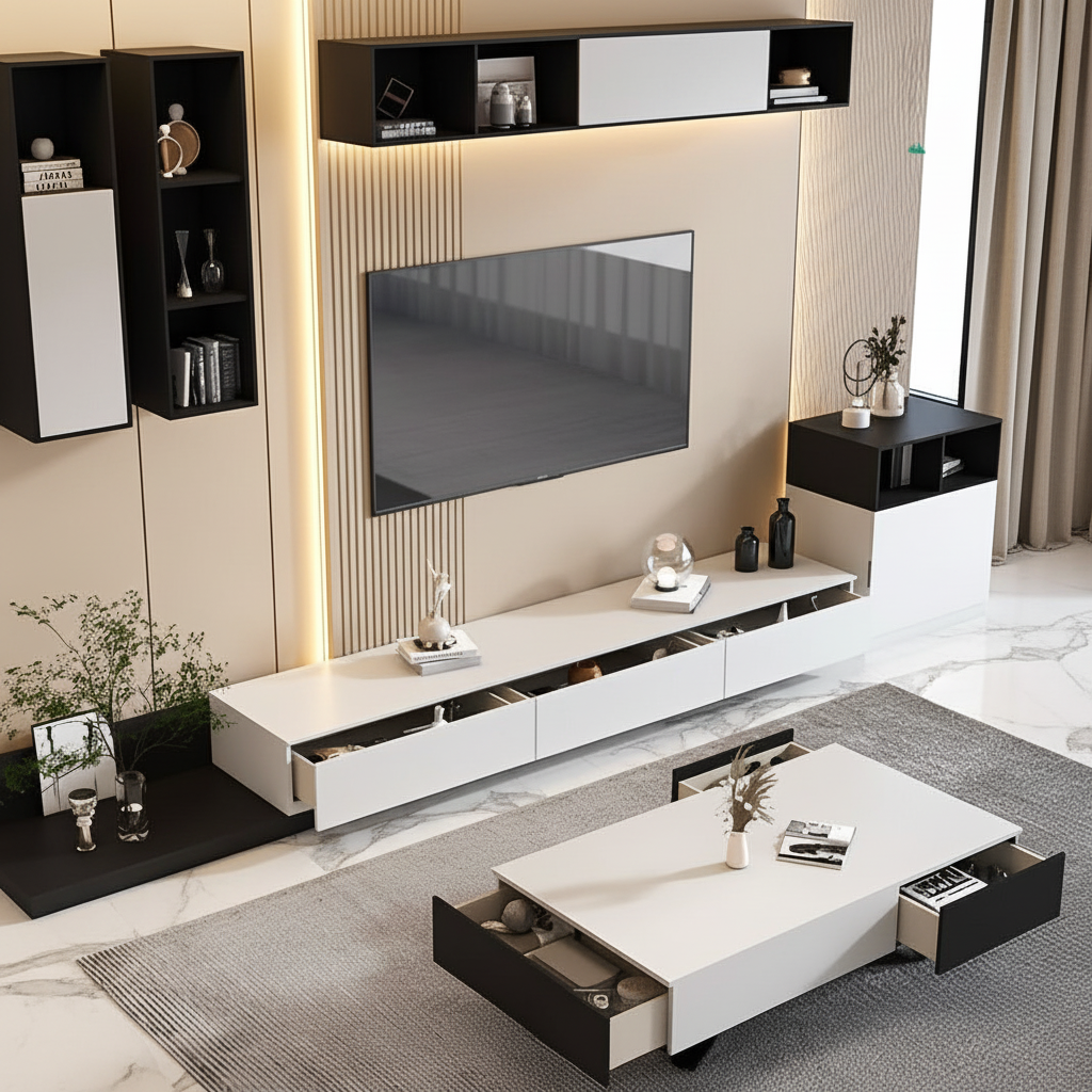Modern living room with a white entertainment console, TV, and coffee table.